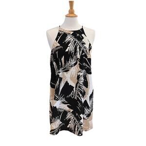 Tyche Tropical Print Halter Dress, Mini, Black Tan Cream, Size Large